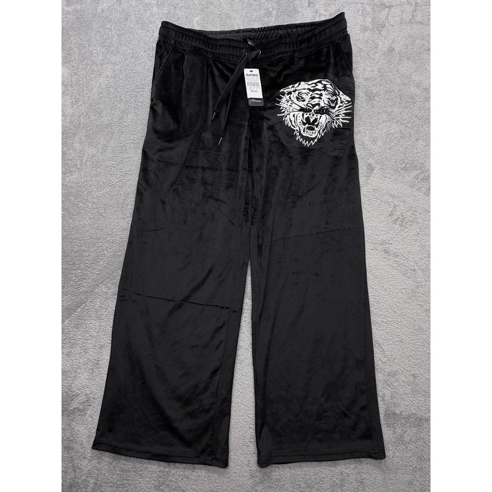 Ed Hardy Pants Womens XL Black Velour Rhinestone Logo Embroidered Relaxed
